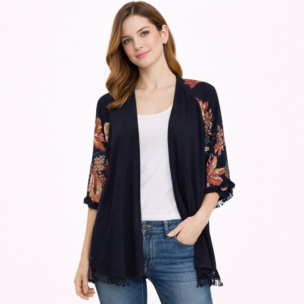 Umgee NEW Boho Floral Kimono Open Front Frayed Hem Lightweight Layer Size S/M